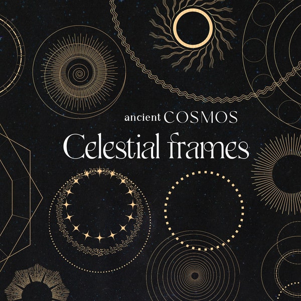 Cosmos ancien, logo céleste mystique doré, cadres de cercle, cadre mystique, cercles d’étoiles, clipart solaire png