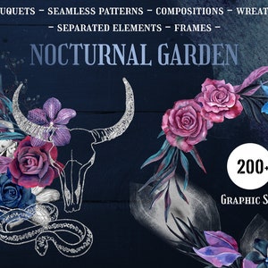 Ensemble de jardin nocturne, compositions florales aquarelles sombres, bouquet de fleurs cadres illustration mystique magique éléments séparés numériques PNG