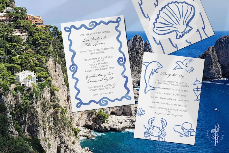 May include: Wedding invitation suite with a coastal theme. The invitation features blue watercolor wave borders and text. Additional cards include a seashell, dolphin, crab, and hat illustrations. The background shows a scenic view of the coast.
