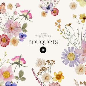 Clipart bouquets aquarelle de fleurs sauvages séchées, fleurs sauvages pressées délicates et papillons, faire-part de mariage bouquet de petites fleurs des champs