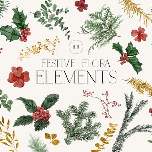 Feestelijke Flora Elementen Aquarel clipart, Kerst bloemen gebladerte, Wintergroen, Pijnboomtakken, Bladgoud element, gouden bladeren hulst