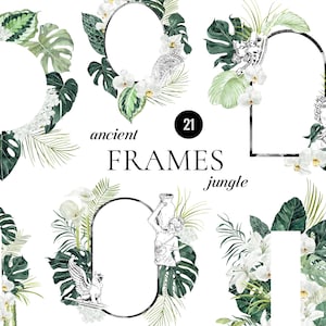 Watercolor tropical frames Exotic clipart tropical wedding invite architecture lineart tropics frame Monstera white orchids lily calla PNG