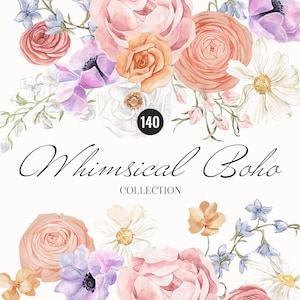 Whimsical Boho Watercolor Pastel Floral clipart, flores leves e arejadas, Boho aquarela delicada, blush rosa clipart, convite de casamento
