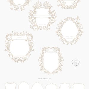 May include: Set of 10 vintage crest frames with floral details. The frames are in a light brown color and have a delicate, ornate design. The frames are perfect for adding a touch of elegance to any project.