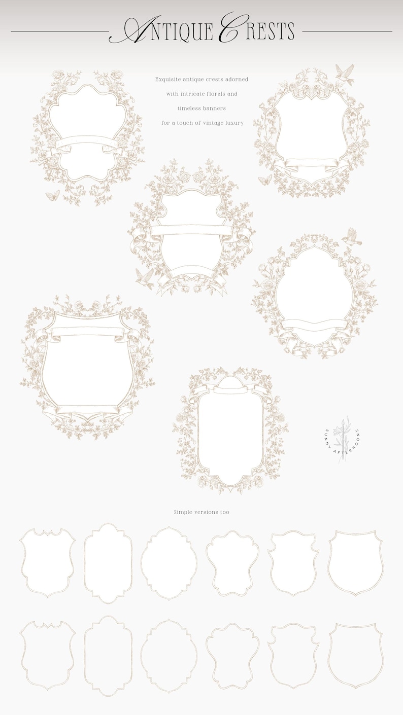 May include: Set of 10 vintage crest frames with floral details. The frames are in a light brown color and have a delicate, ornate design. The frames are perfect for adding a touch of elegance to any project.