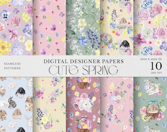 Cute Spring Watercolor Digital Papers Clipart, Pastel Flowers, Bunnies and Easter Eggs, Easter Digital Paper, Floral Seamless Patterns