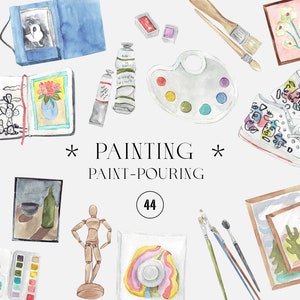 Peut inclure: Une illustration aquarelle de divers fournitures artistiques, y compris des tubes de peinture, des pinceaux, une palette, un carnet de croquis, un mannequin d'artiste en bois et une toile avec une peinture de paysage désertique. Le texte "PAINTING PAINT-POURING 44" est également inclus dans l'image.
