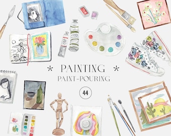 Watercolor Digital Painting Clipart, art supplies pack, artist fun, sketchbooks, paint pouring, brushes clip art, arts and crafts handmade