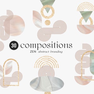 May include: A set of 30 abstract compositions featuring geometric shapes, marble textures, and gold accents. The text "30 compositions ZEN abstract branding" is displayed in the center of the image.