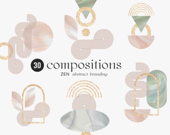 Puede incluir: Un conjunto de 30 composiciones abstractas con formas geométricas, texturas de mármol y detalles dorados. El texto "30 compositions ZEN abstract branding" se muestra en el centro de la imagen.