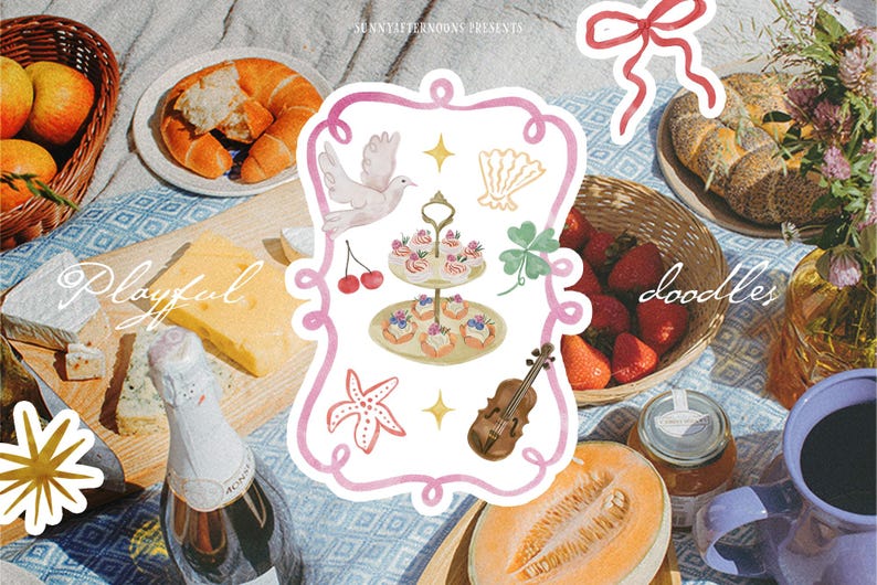 Puede incluir: Una escena de picnic con varios alimentos, incluyendo fruta, queso y pasteles. Un marco decorativo con garabatos de una paloma, cerezas y un viol&iacute;n est&aacute; en el centro. El texto "Playful doodles" es visible.