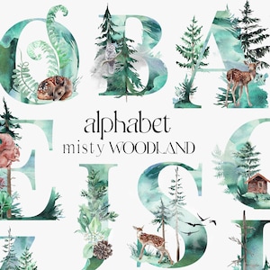 Watercolor Forest Alphabet, Forest animals Letters, Misty Woodland Trees, Deer antlers, animals tracks,mountain houses wolf bear PNG