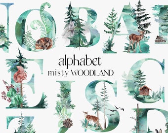 Watercolor Forest Alphabet, Forest animals Letters, Misty Woodland Trees, Deer antlers, animals tracks,mountain houses wolf bear PNG