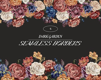 Dark Garden watercolor Flowers Seamless Borders clipart, Dark and Moody florals, Rembrandt style, autumnal wedding invitation, dark academia