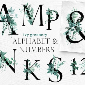 Ivy Greenery Letters and Numbers - Watercolor clipart, ivy leaves, Green & black Alphabet, greenery wedding invitation, monogram PNG clipart