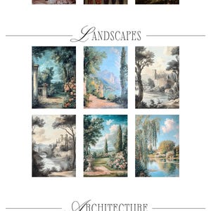 May include: A collage of nine paintings depicting different themes: portraits, landscapes, and architecture. The portraits feature couples in romantic settings. The landscapes showcase serene outdoor scenes with lush greenery and water features. The architecture paintings depict grand interiors with intricate details and classical elements.
