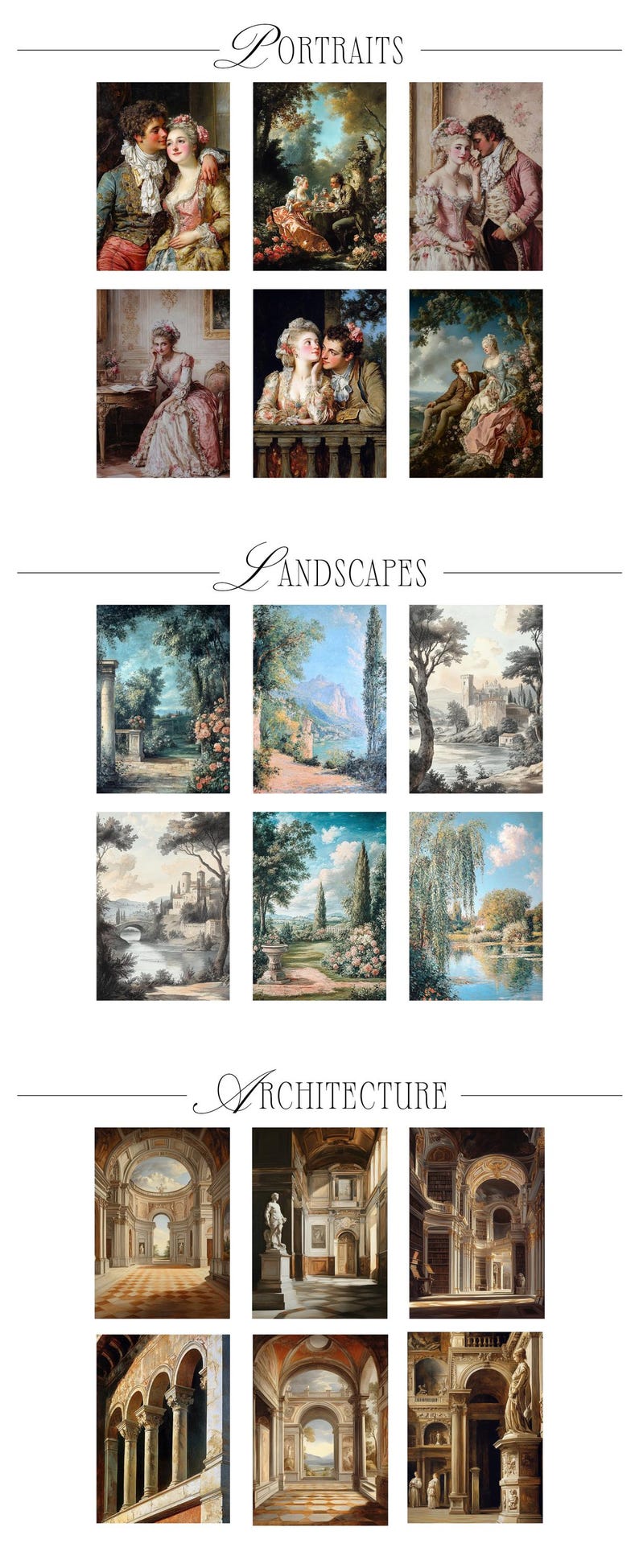 May include: A collage of nine paintings depicting different themes: portraits, landscapes, and architecture. The portraits feature couples in romantic settings. The landscapes showcase serene outdoor scenes with lush greenery and water features. The architecture paintings depict grand interiors with intricate details and classical elements.