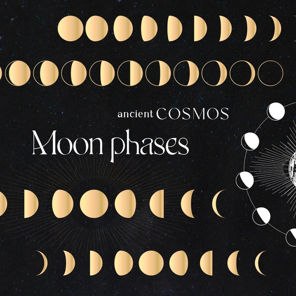 Ancient Cosmos, Moon Phases, mystic elements, mystical gold moons clipart, celestial logo png, golden moons phase