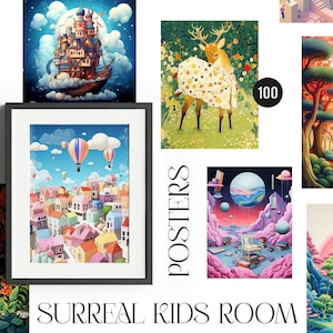 Surrealistische posters kinderkamergalerij, surrealistische posterbundel, fantasykunst voor kind, afdrukbare muurkunst, sprookjesachtige kleurrijke meisjeskamerafdrukken