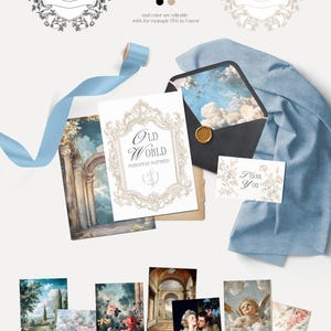 May include: A collection of vintage-inspired, black and white line art crests, wreaths, frames, and DIY elements. The text "Old World European Inspired" is featured on a white card with a gold ornate frame. The image also includes a variety of backgrounds in different themes, such as landscapes, impressionism, floral, architecture, portraits, heavenly, and fresco.