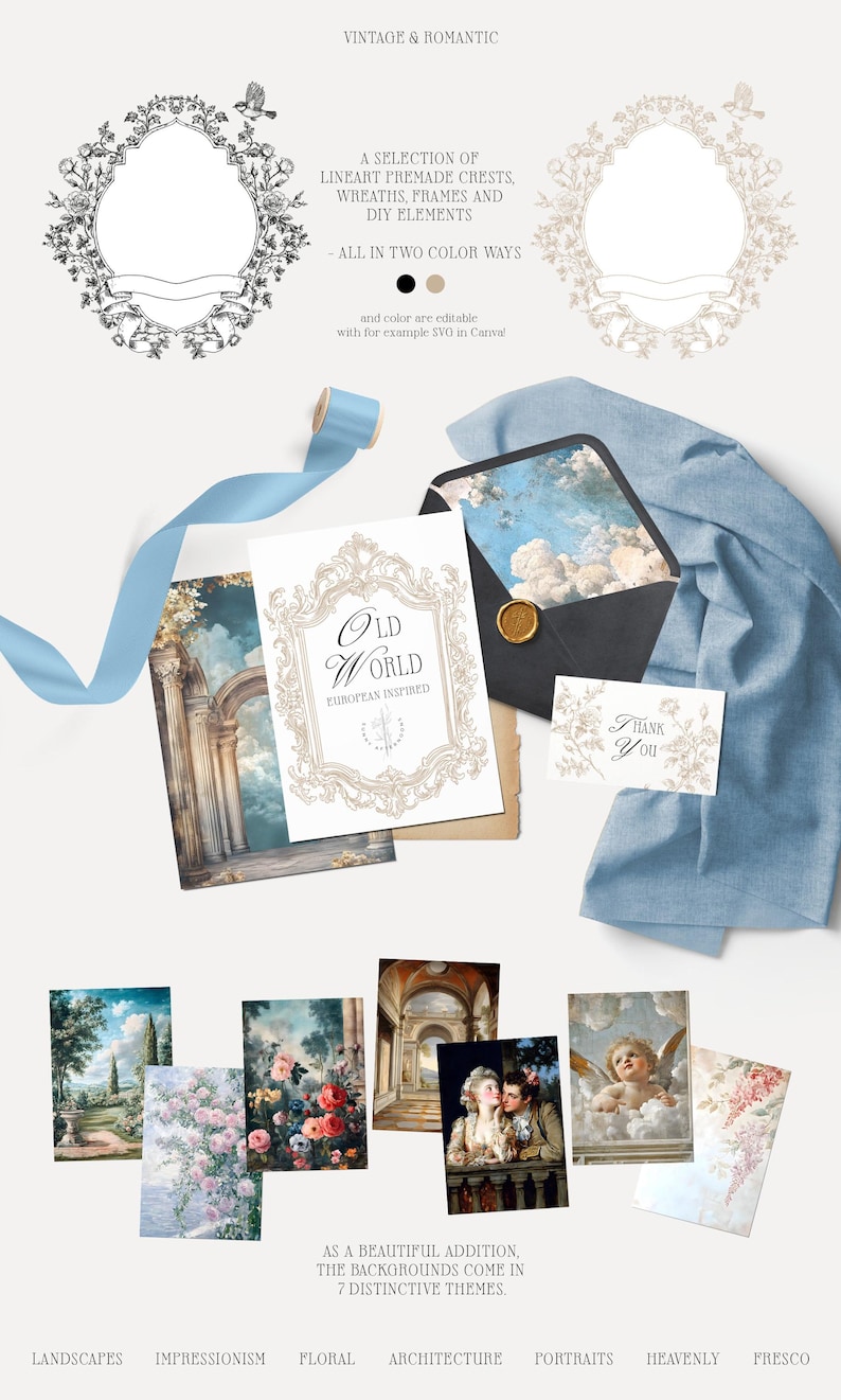 May include: A collection of vintage-inspired, black and white line art crests, wreaths, frames, and DIY elements. The text "Old World European Inspired" is featured on a white card with a gold ornate frame. The image also includes a variety of backgrounds in different themes, such as landscapes, impressionism, floral, architecture, portraits, heavenly, and fresco.