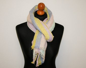 Linen scarves Linen Scarf Multi Color Scarf  Rainbow Flax Shawl with soft fringe Crumpled Washed Linen Shawl /  Woman man Pastel linen scarf