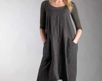 Japanese Linen Apron Linen Artisan Cross Over Apron Washed Linen Pinafore Long Apron Dark Grey Two Pockets Natural Flax Apron Crossback