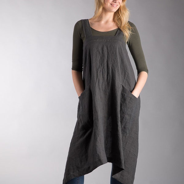 Japanese Linen Apron Linen Artisan Cross Over Apron Washed Linen Pinafore Long Apron Dark Grey Two Pockets Natural Flax Apron Crossback