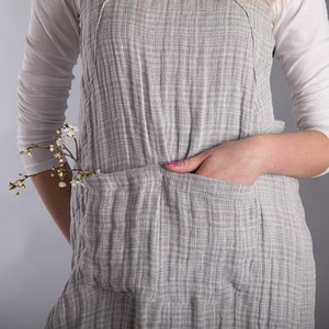 Linen Japanese Apron Dress Grey Crumpled Washed Linen Summer Pinafore Long Smock White Grey Natural Flax Apron Crossback Flax Tunic image 3