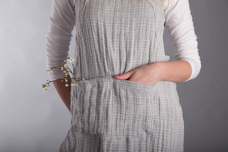 Linen Japanese Apron Dress Grey Crumpled Washed Linen Summer Pinafore Long Smock White Grey Natural Flax Apron Crossback Flax Tunic image 3