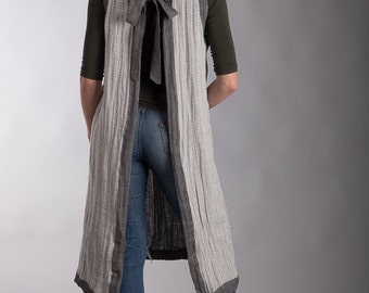 Artist Smock Crumpled Long Linen Japanese Apron Dress Natural Linen Summer Pinafore Long tied Apron Artist Smock Pocket