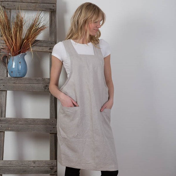 Japanese Apron  Washed Linen Summer Pinafore  Artist Smock  Apron Crossback  / Flax Tunic Handmade