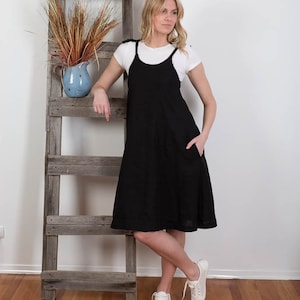 Linen Strap dress  Linen Slip Dress  / Washed Linen Clothing Summer Mini dress Black/ Tied Spaghetti Straps Smock dress Linen Overalls Dress