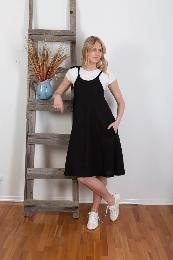 Linen Strap dress Linen Slip dress / Washed Linen Clothing Summer Mini dress Black/ Tied Spaghetti Straps Smock dress Linen Overalls dress