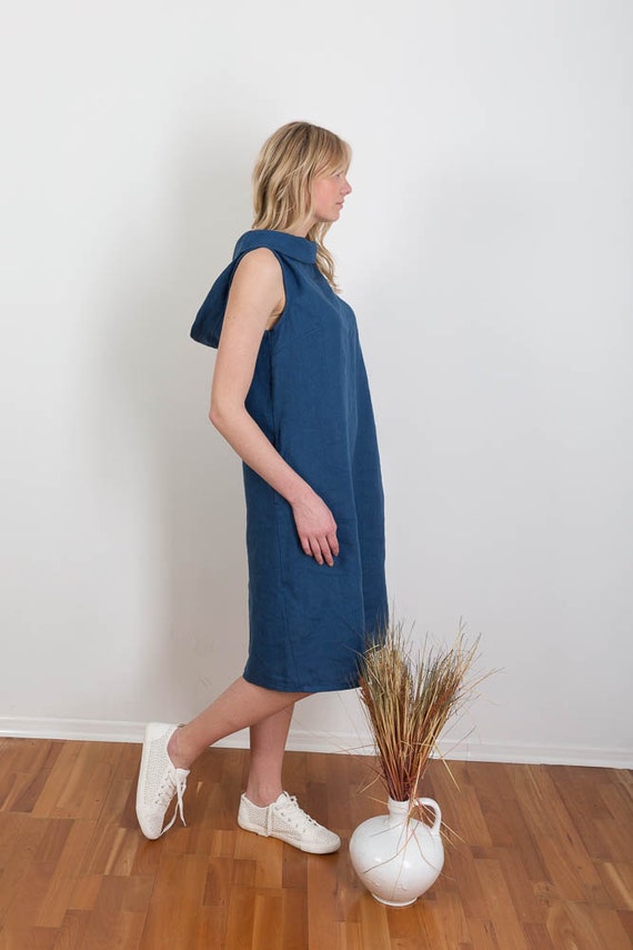 Linen Jumper Dress Loose Linen Tunic Hooded Linen Smock Dress
