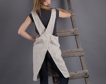 Linen Japanese Apron Dress  Washed Striped Linen Summer Pinafore Linen Artist  Gardener Smock Flax Apron Crossback Flax Tunic