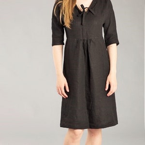 Linen Dress Black Linen Work Dress   Washed Linen Feminine 3/4 Sleeve dress Romantic  Natural Flax Dress / Fitted Linen Dress