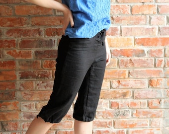 Pantalon en lin, pantacourt, pantalon en lin noir 3/4, short en lin noir, Womens Short en lin lavé lin Capri /Flax