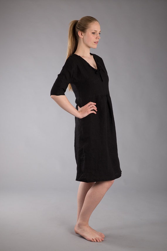 black linen work dress Margo Black linen dress - linen dress - Fall linen dress
