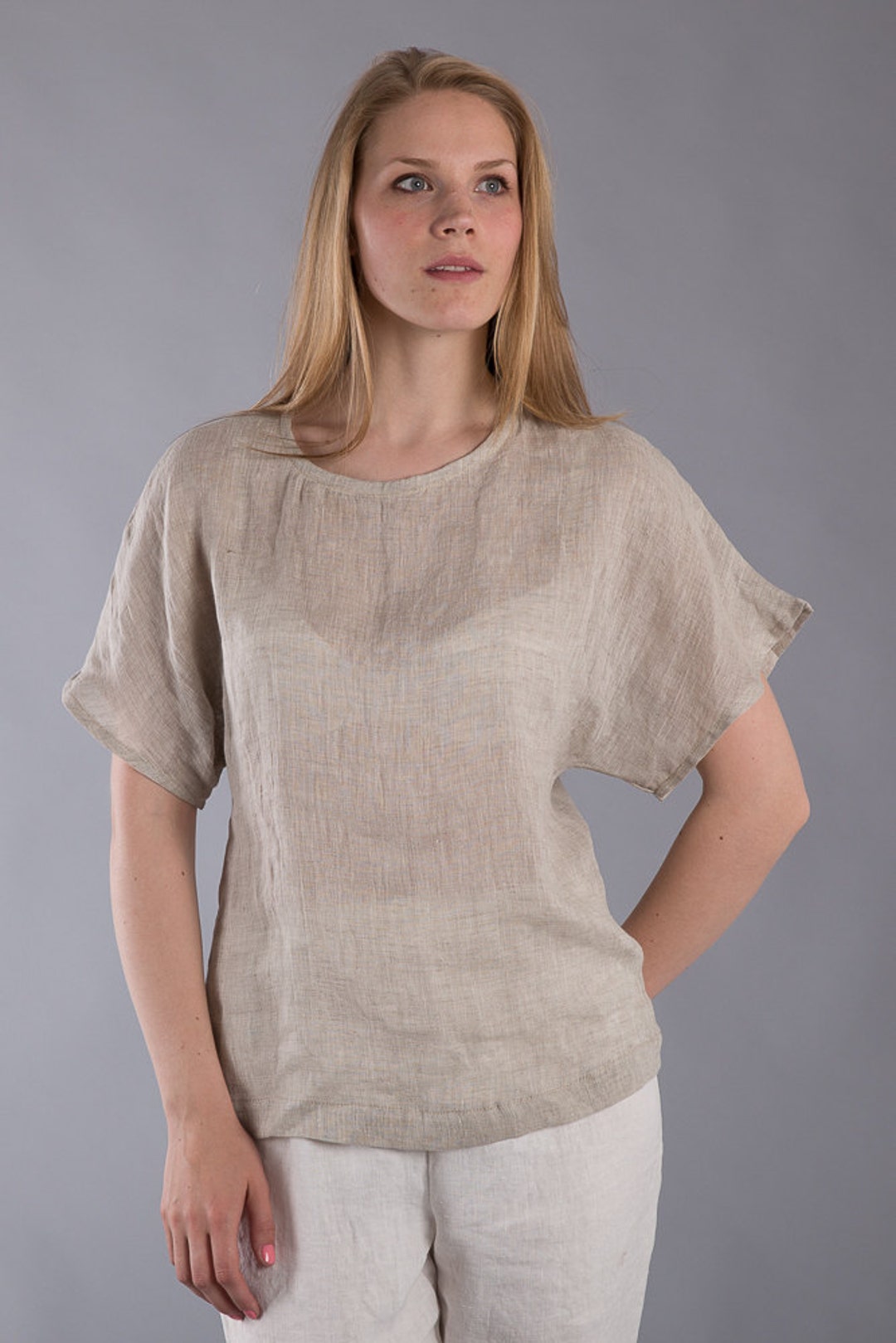 Grey - Plain Linen Cotton Stitched Blouse