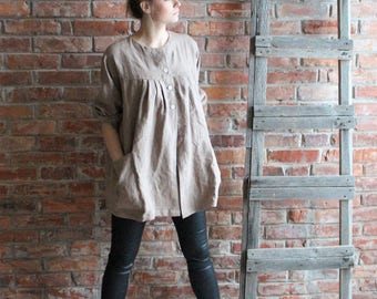 Linen Smock Artist Smock  Cappuchino Brown Loose Linen Tunic  Oversized Tunic Linen Overalls Medium to Large /  Ready to ship