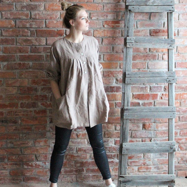 Linnen Smock Artist Smock Cappuchino Bruin Losse Linnen Tuniek Oversized Tuniek Linnen Overalls Medium tot Large / Klaar om te verzenden