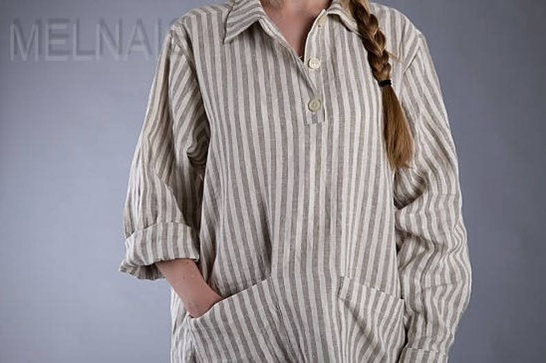 Linen tunic with long sleeves Oversized Linen Blouse Strippy shirt Shabby Chic Washed LinenTunic Large Ready to ship