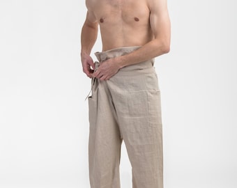 Loose linen wrap pants Natural Linen Thai Fishermen pants Tie Pants Wrap pants yoga pants unisex