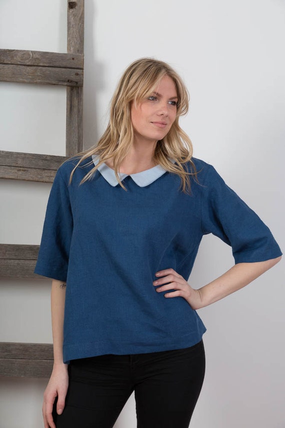 Collared Linen Blouse / Loose linen Top / Handmade Linen Shirt Etsy