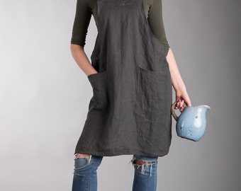 Japanese Apron Linen Aprons Linen Smock  Washed Linen Summer Pinafore  Apron  Linen Artisan Cross Over Apron  Made to order