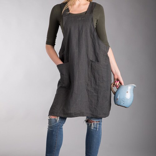 Japanese Apron / Linen Smock Dress / Washed Linen Summer Etsy