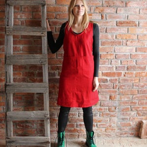 Linen Overalls  Red Sleveless Linen Tunic / Linen Jumper with Big Pocket   / Artist smock / Linen Overalls  /