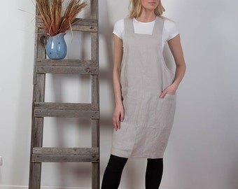 Japanese Apron   /  Washed Linen Summer Pinafore/   Artist Smock  / Japanese Apron Crossback  / Flax Tunic Handmade  / Custom