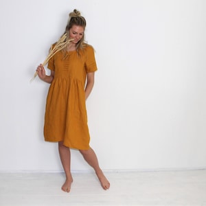 Linen Doll Dress,  Loose Linen Dress  , Washed Linen Smock Short Sleeve dress Romantic Roundneck Natural FlaxTunic Made to order